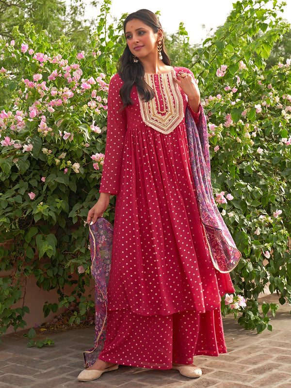 Janasya Women's Pink Georgette Foil Motif Printed Festive Gathered Kurta Set - Distacart