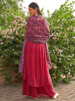 Thumbnail for Janasya Women's Pink Georgette Foil Motif Printed Festive Gathered Kurta Set - Distacart