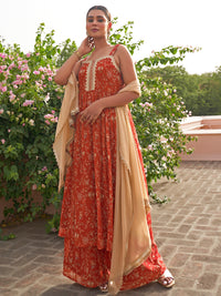 Thumbnail for Janasya Women's Red Georgette Embellished Festive A-line Kurta Set - Distacart