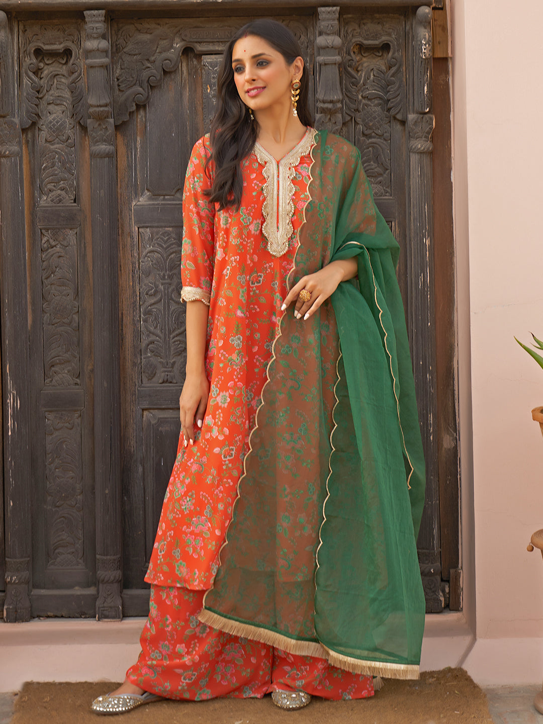 Janasya Women's Orange Georgette Botanical Printed Festive A-line Kurta Set - Distacart