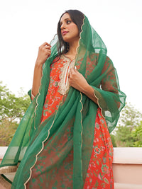 Thumbnail for Janasya Women's Orange Georgette Botanical Printed Festive A-line Kurta Set - Distacart