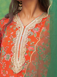 Thumbnail for Janasya Women's Orange Georgette Botanical Printed Festive A-line Kurta Set - Distacart