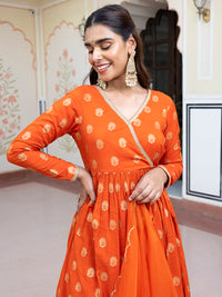 Thumbnail for Janasya Women's Orange Brocade Woven Design Festive Angrakha Kurta Set - Distacart