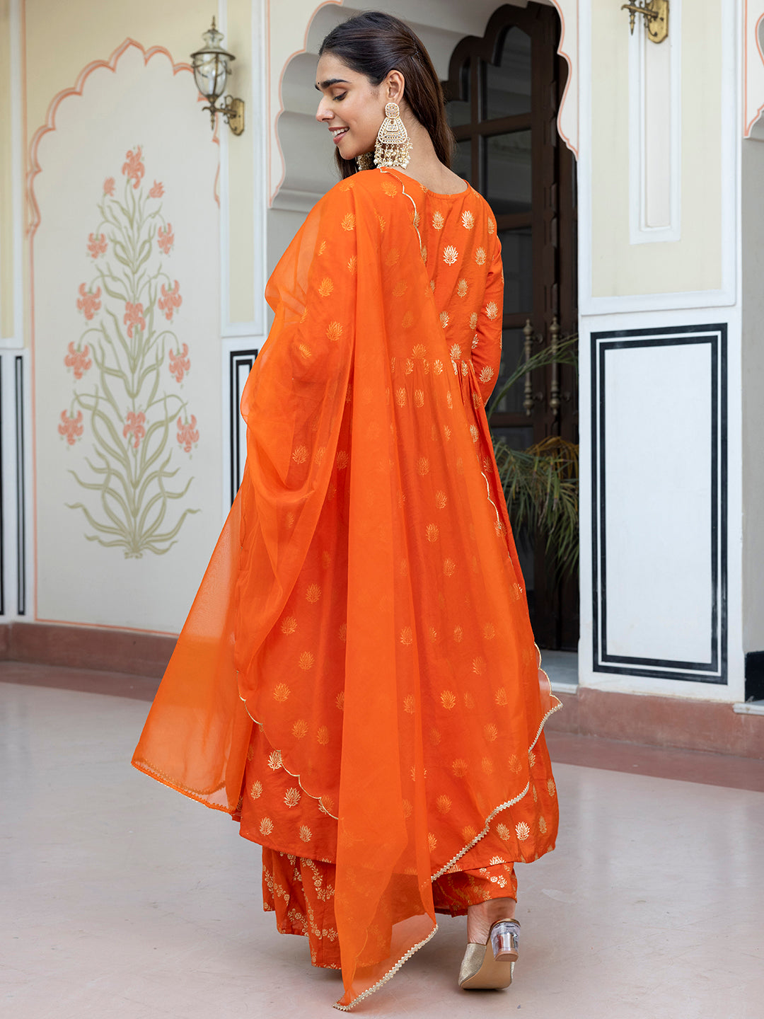 Janasya Women's Orange Brocade Woven Design Festive Angrakha Kurta Set - Distacart