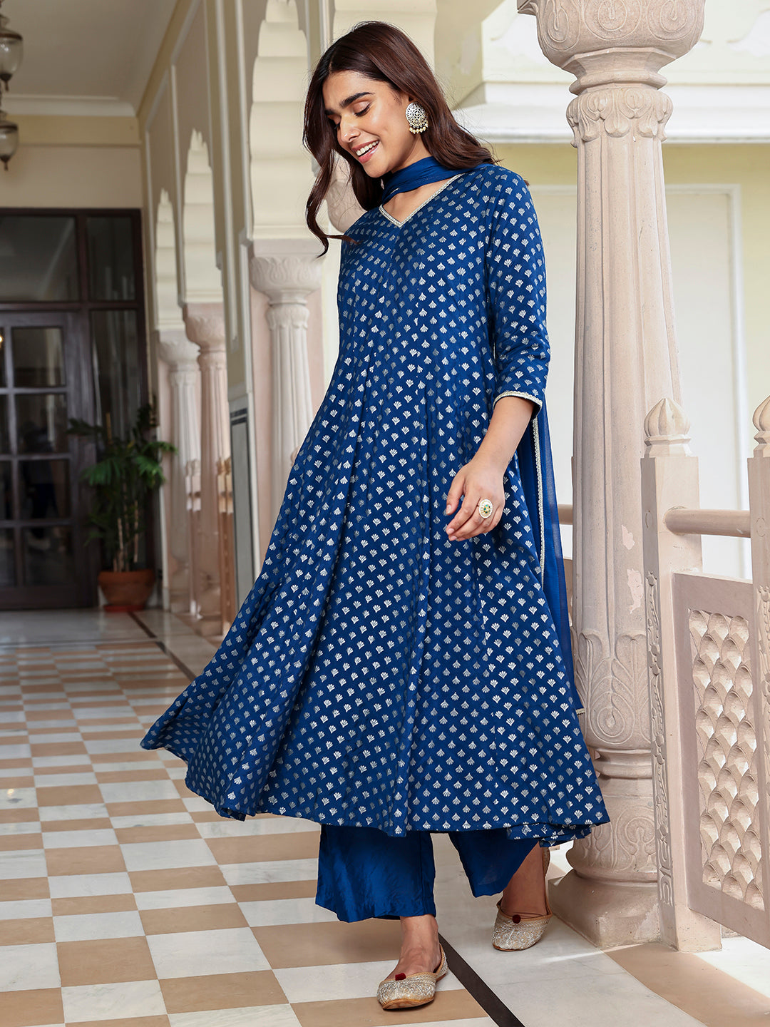 Janasya Women's Blue Brocade Woven Design Festive Anarkali Kurta Set - Distacart