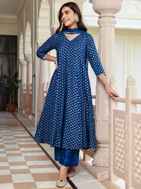 Thumbnail for Janasya Women's Blue Brocade Woven Design Festive Anarkali Kurta Set - Distacart