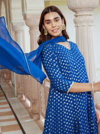 Thumbnail for Janasya Women's Blue Brocade Woven Design Festive Anarkali Kurta Set - Distacart