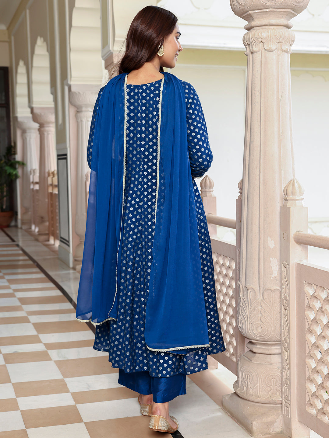 Janasya Women's Blue Brocade Woven Design Festive Anarkali Kurta Set - Distacart