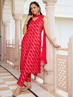 Thumbnail for Janasya Women's Red Brocade Woven Design Festive Straight Kurta Set - Distacart