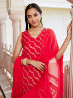 Thumbnail for Janasya Women's Red Brocade Woven Design Festive Straight Kurta Set - Distacart