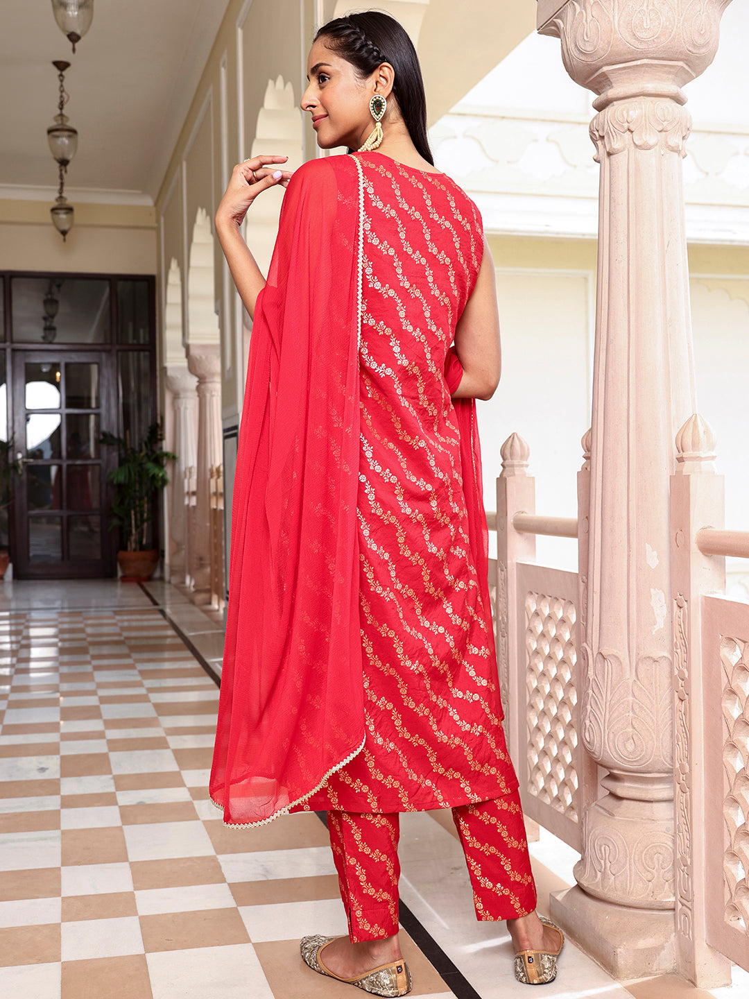 Janasya Women's Red Brocade Woven Design Festive Straight Kurta Set - Distacart