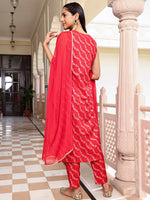 Thumbnail for Janasya Women's Red Brocade Woven Design Festive Straight Kurta Set - Distacart
