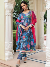Thumbnail for Janasya Women's Blue Cotton Ethnic Printed Festive Anarkali Kurta Set - Distacart
