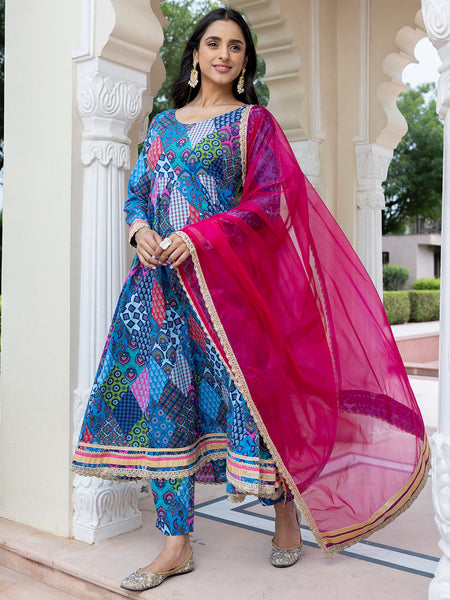 Janasya Women's Blue Cotton Ethnic Printed Festive Anarkali Kurta Set - Distacart