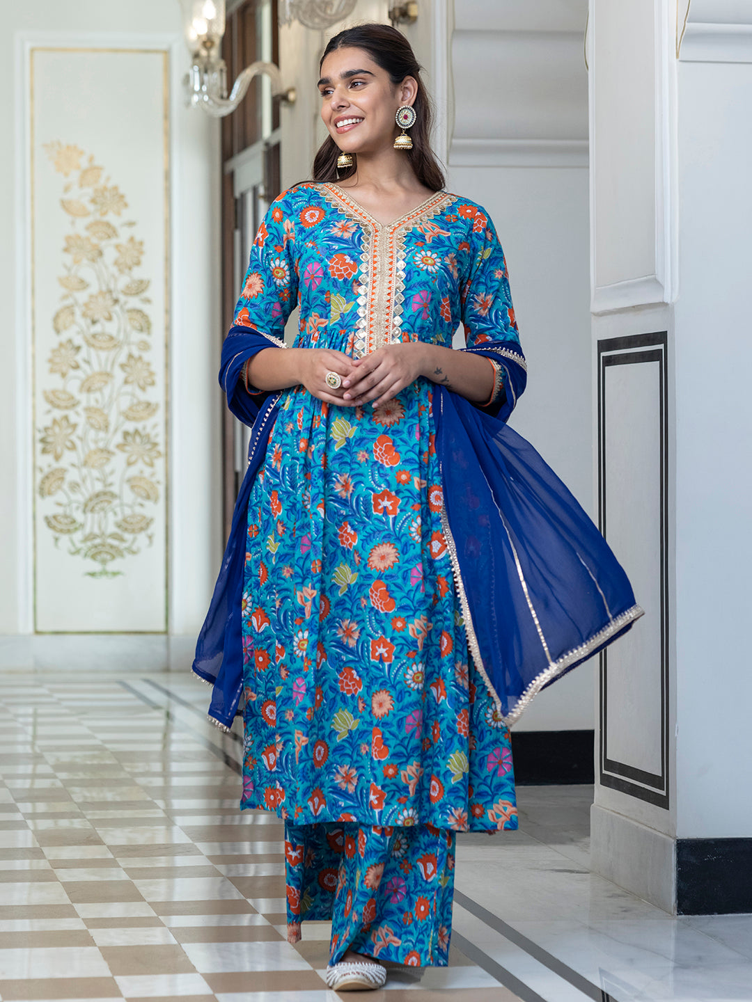 Janasya Women's Sky blue Cotton Embellished Ethnic Printed Festive Flared Kurta Set - Distacart