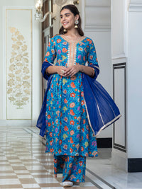 Thumbnail for Janasya Women's Sky blue Cotton Embellished Ethnic Printed Festive Flared Kurta Set - Distacart