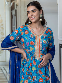 Thumbnail for Janasya Women's Sky blue Cotton Embellished Ethnic Printed Festive Flared Kurta Set - Distacart