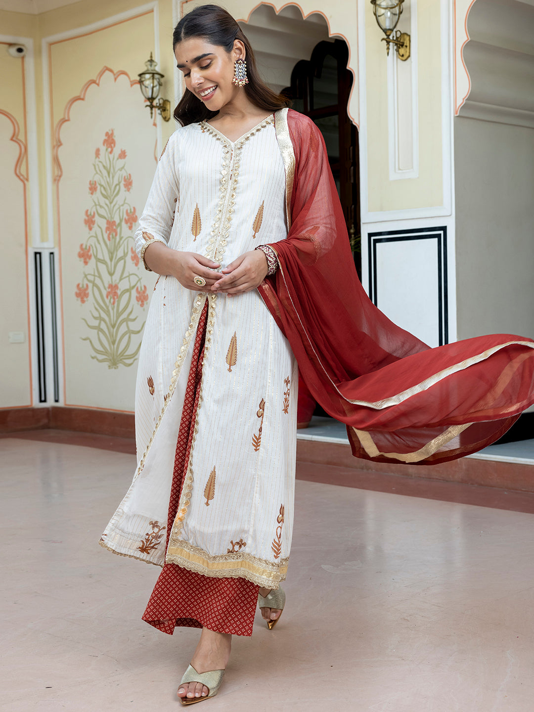 Janasya Women's White Cotton Embellished Floral Printed Festive Front Slit Kurta Set - Distacart