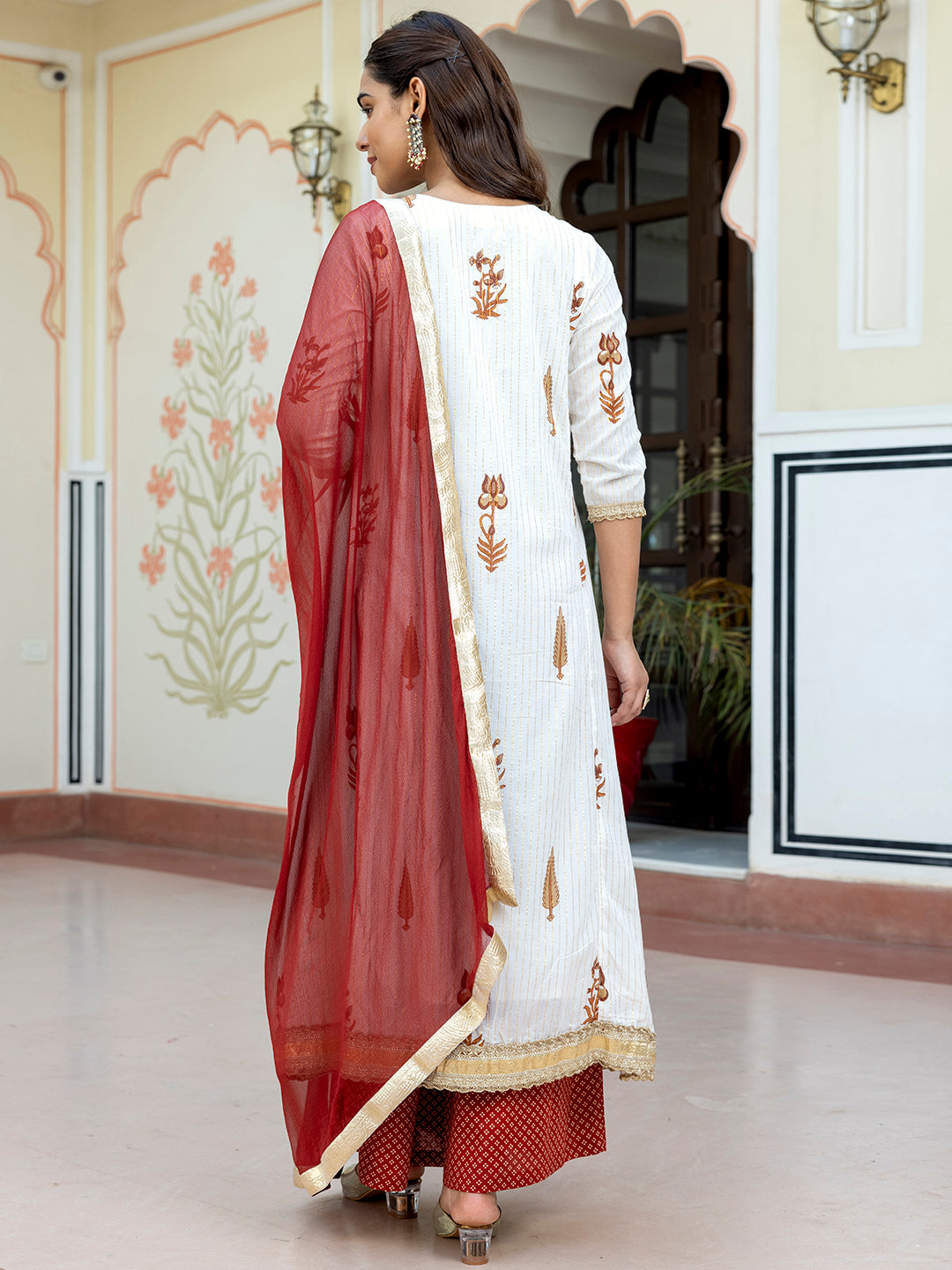 Janasya Women's White Cotton Embellished Floral Printed Festive Front Slit Kurta Set - Distacart
