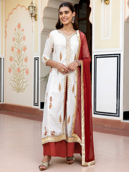 Janasya Women's White Cotton Embellished Floral Printed Festive Front Slit Kurta Set - Distacart