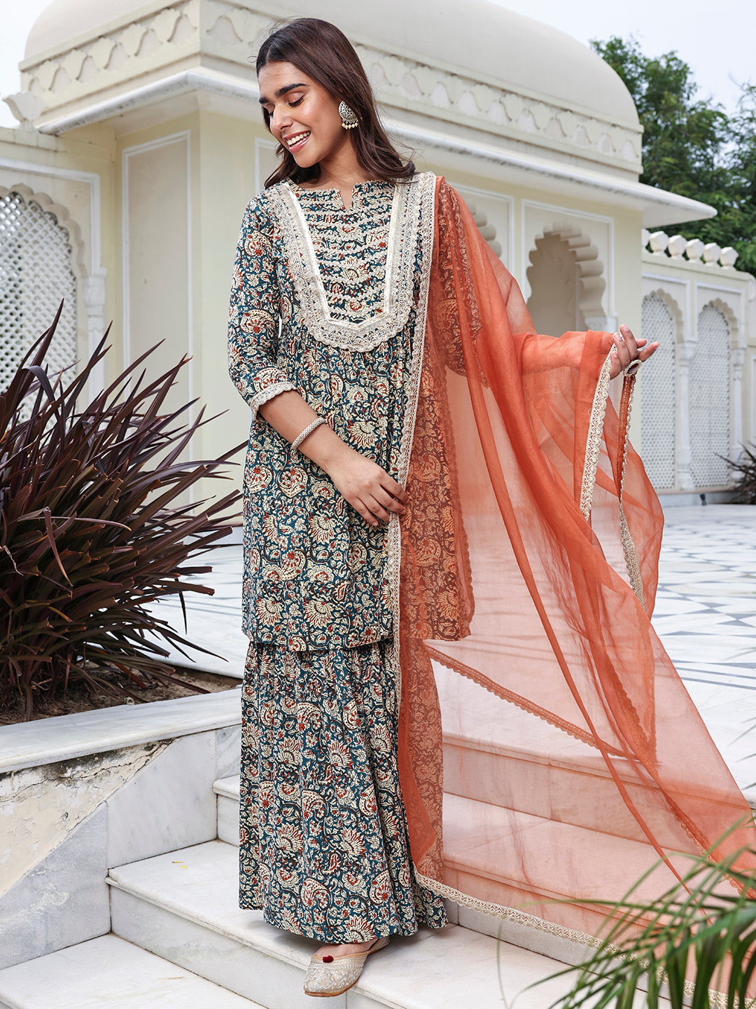 Janasya Women's Teal Blue Cotton Embellished Festive Flared Short Kurta Set - Distacart
