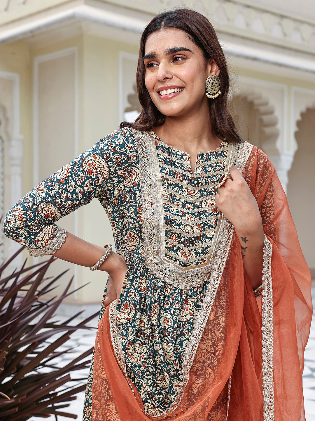 Janasya Women's Teal Blue Cotton Embellished Festive Flared Short Kurta Set - Distacart