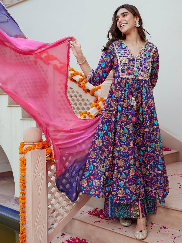 Janasya Women's Purple Cotton Embellished Ethnic Printed Festive A-line Kurta Set - Distacart