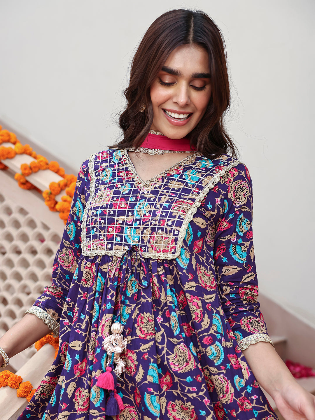 Janasya Women's Purple Cotton Embellished Ethnic Printed Festive A-line Kurta Set - Distacart