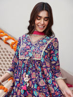 Thumbnail for Janasya Women's Purple Cotton Embellished Ethnic Printed Festive A-line Kurta Set - Distacart