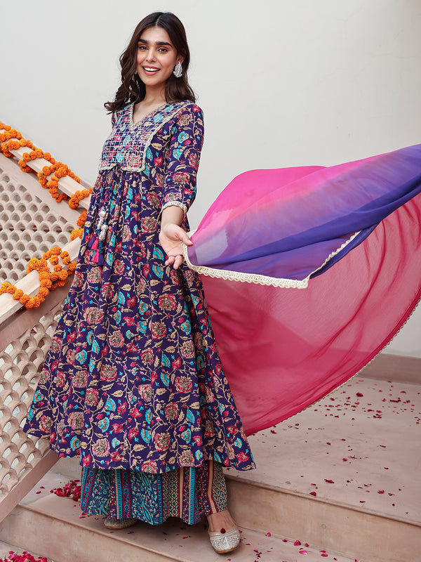 Janasya Women's Purple Cotton Embellished Ethnic Printed Festive A-line Kurta Set - Distacart