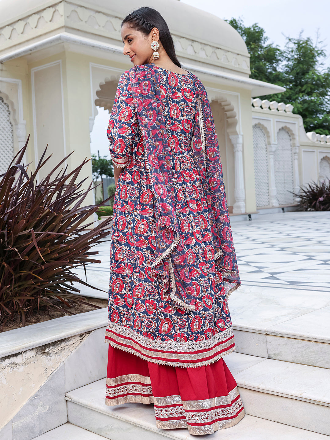 Janasya Women's Blue Cotton Floral Printed Festive Front Slit Kurta Set - Distacart