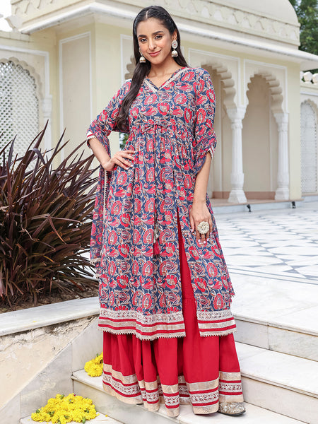 Janasya Women's Blue Cotton Floral Printed Festive Front Slit Kurta Set - Distacart