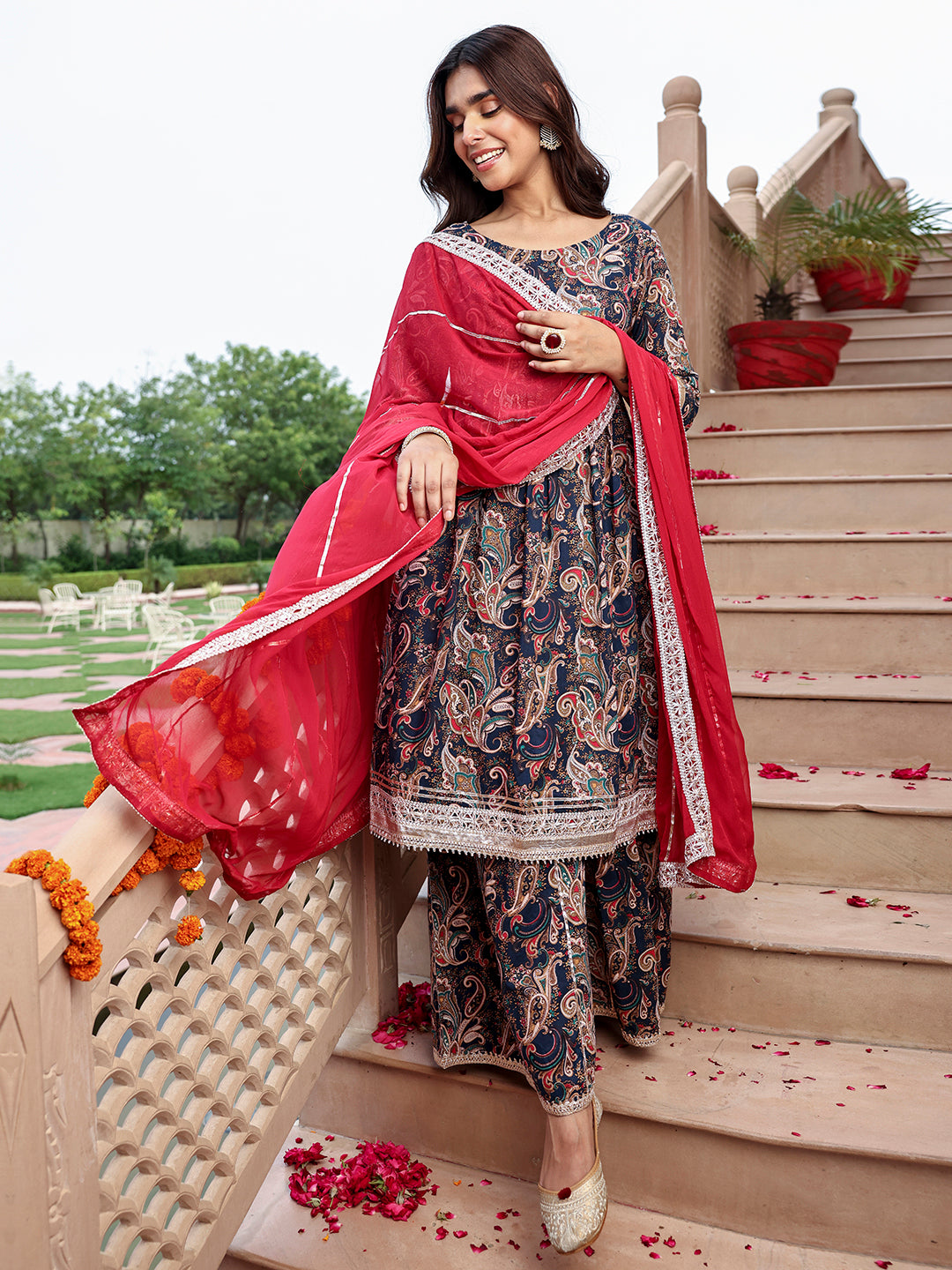 Janasya Women's Navy Blue Cotton Ethnic Printed Festive Flared Kurta Set - Distacart
