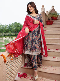 Thumbnail for Janasya Women's Navy Blue Cotton Ethnic Printed Festive Flared Kurta Set - Distacart