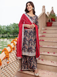 Thumbnail for Janasya Women's Navy Blue Cotton Ethnic Printed Festive Flared Kurta Set - Distacart