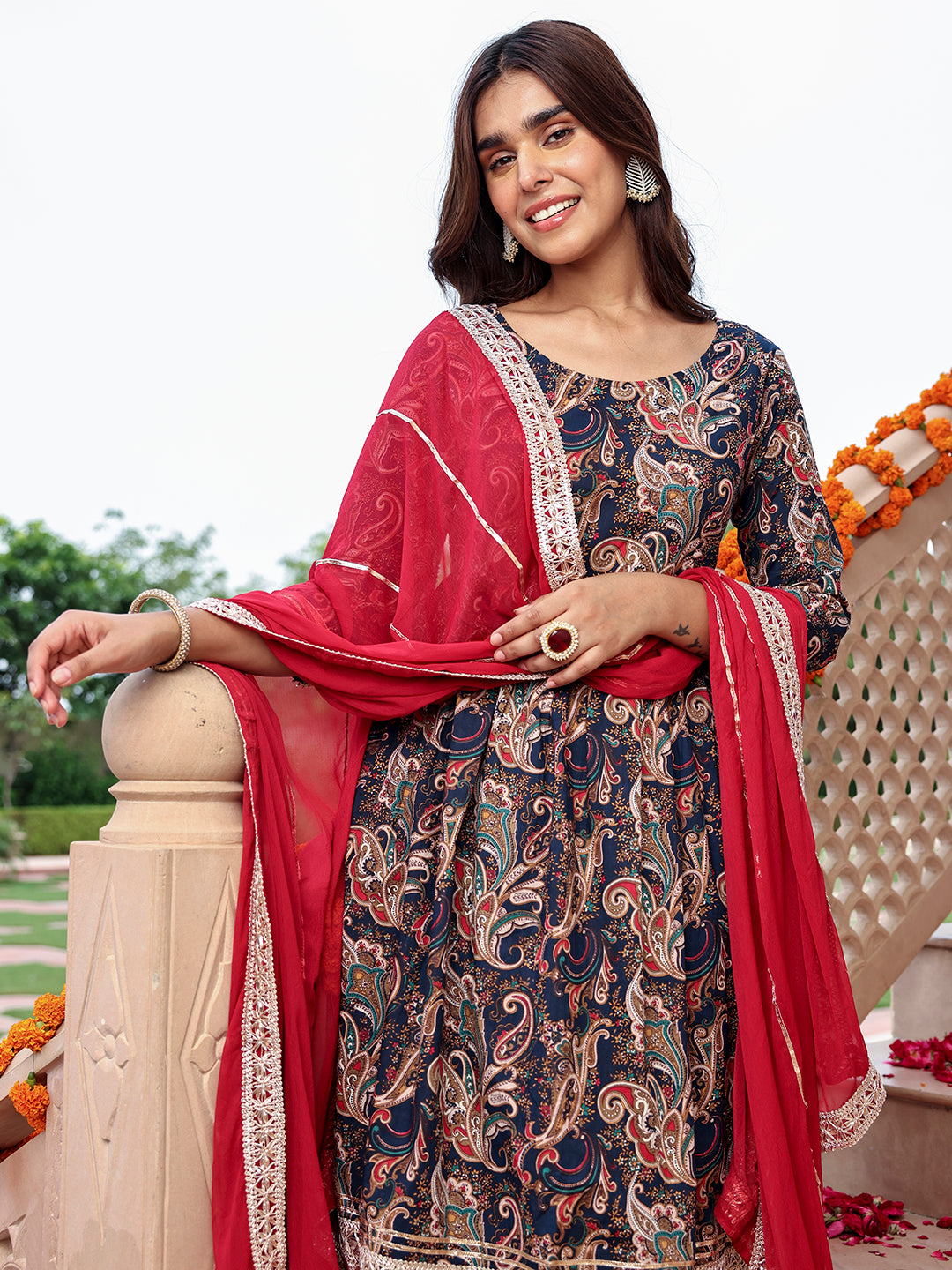 Janasya Women's Navy Blue Cotton Ethnic Printed Festive Flared Kurta Set - Distacart
