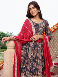 Thumbnail for Janasya Women's Navy Blue Cotton Ethnic Printed Festive Flared Kurta Set - Distacart
