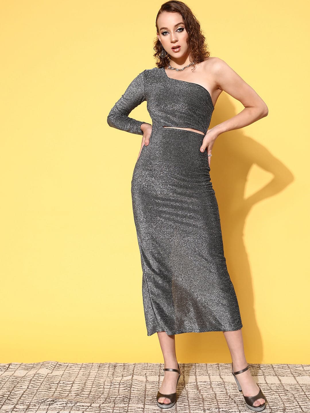Lyush Women's Silver Lurex Waist Cut-Out One Shoulder Midi Dress - Distacart