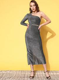 Thumbnail for Lyush Women's Silver Lurex Waist Cut-Out One Shoulder Midi Dress - Distacart