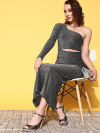 Thumbnail for Lyush Women's Silver Lurex Waist Cut-Out One Shoulder Midi Dress - Distacart