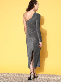 Thumbnail for Lyush Women's Silver Lurex Waist Cut-Out One Shoulder Midi Dress - Distacart