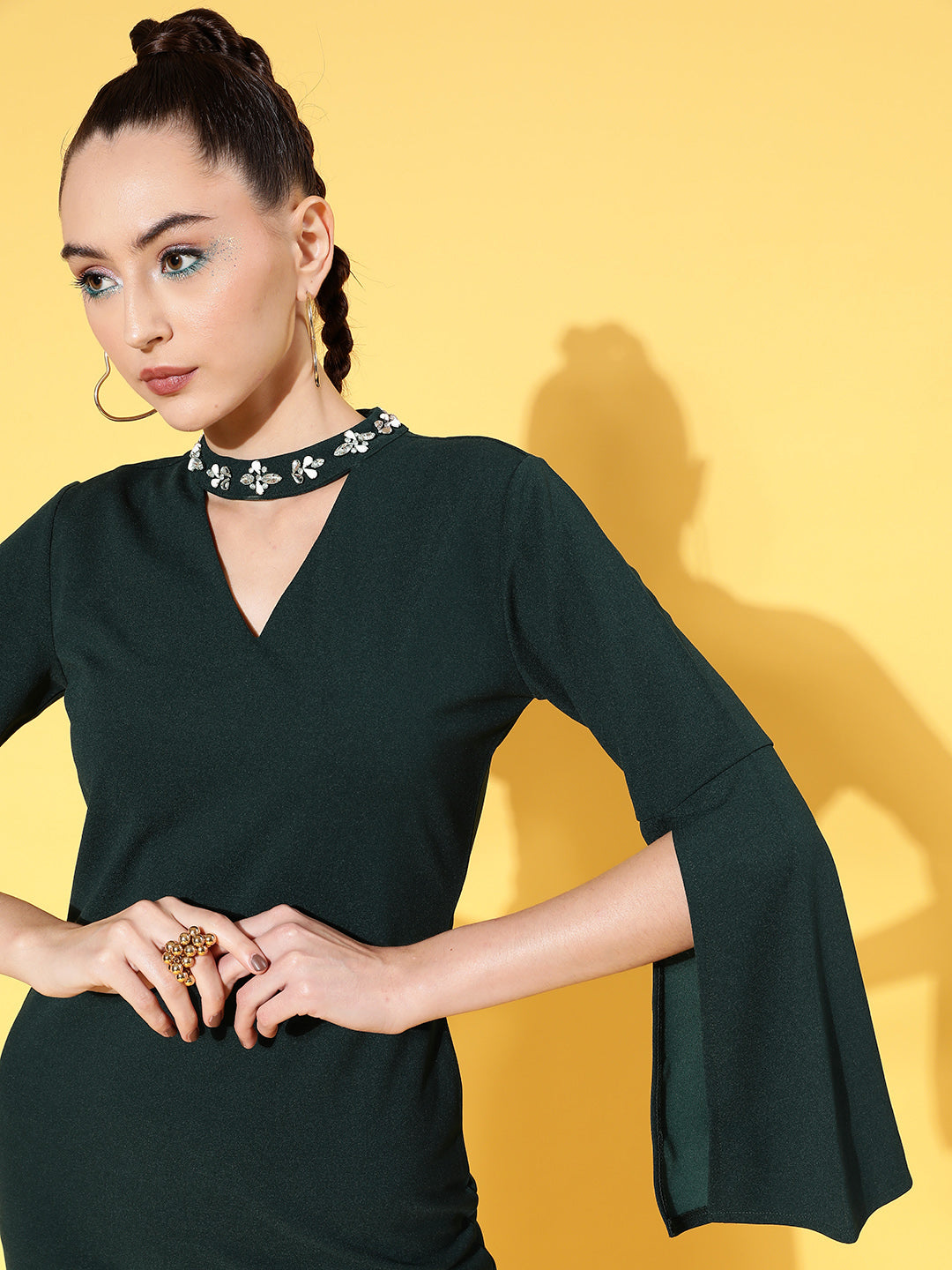 Lyush Women's Emerald Cotton Cape Sleeves Choker Shift Dress - Distacart
