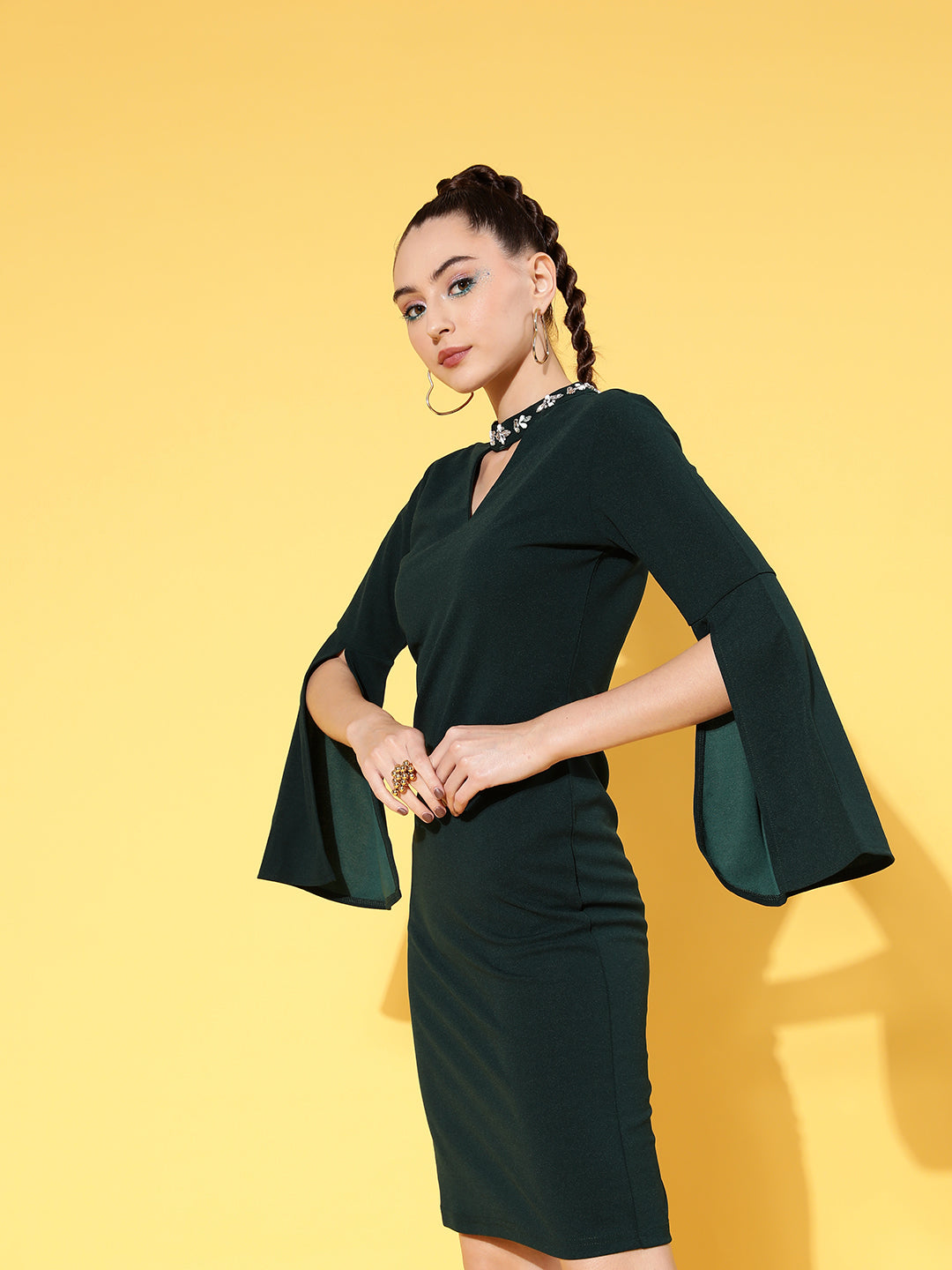 Lyush Women's Emerald Cotton Cape Sleeves Choker Shift Dress - Distacart