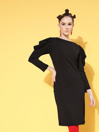 Thumbnail for Lyush Women's Black Cotton Puff Sleeves Mini Bodycon Dress - Distacart