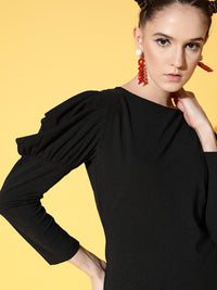Thumbnail for Lyush Women's Black Cotton Puff Sleeves Mini Bodycon Dress - Distacart