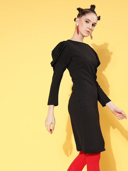 Lyush Women's Black Cotton Puff Sleeves Mini Bodycon Dress - Distacart