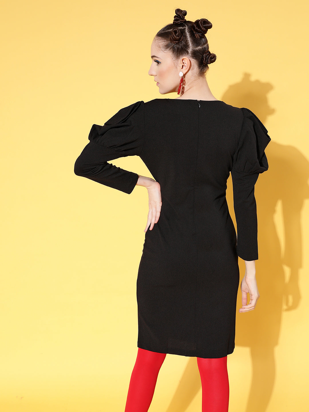 Lyush Women's Black Cotton Puff Sleeves Mini Bodycon Dress - Distacart