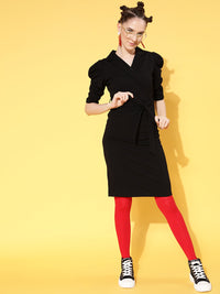 Thumbnail for Lyush Women's Black Cotton Wrap Midi Bodycon Dress - Distacart