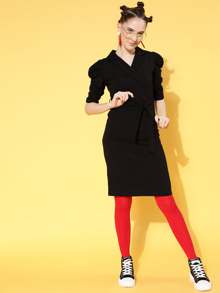 Lyush Women's Black Cotton Wrap Midi Bodycon Dress - Distacart