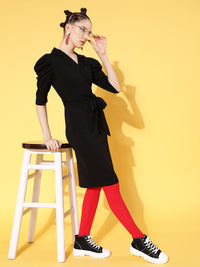 Thumbnail for Lyush Women's Black Cotton Wrap Midi Bodycon Dress - Distacart